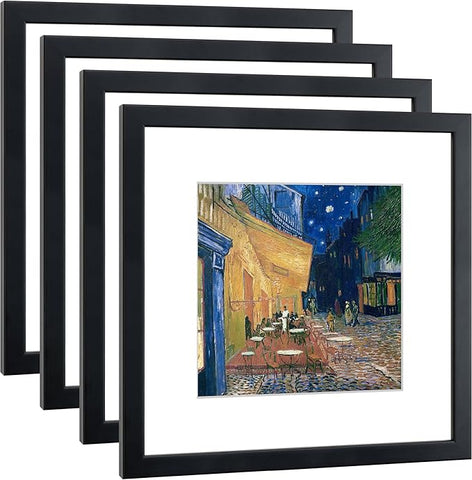 12x12 Picture Frame Set of 4 Made of Solid Wood Photo Frame with Real Glass for Pictures 8x8 with Mat or 12x12 Without Mat,Wall Mount or Tabletop Gallery Photo Frames in Black