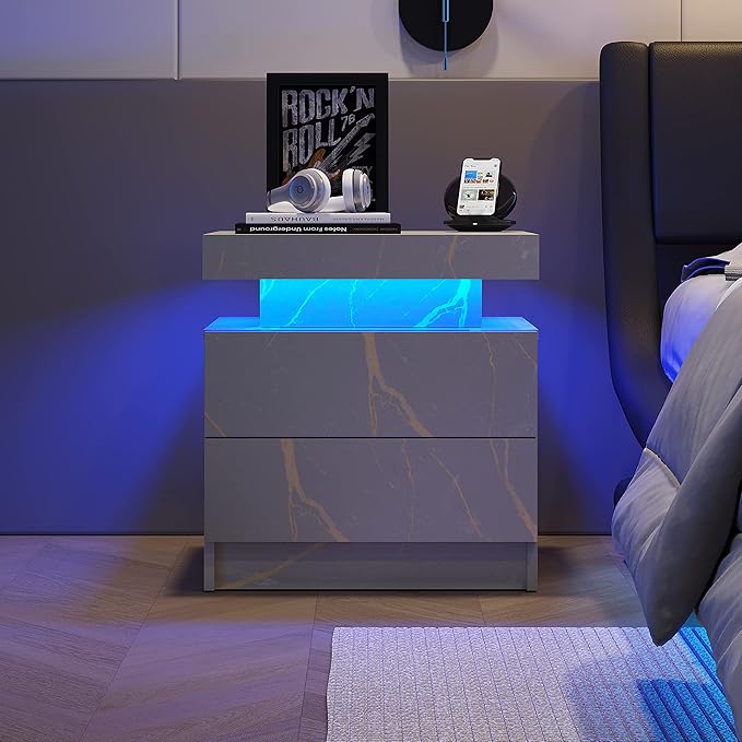 LED Nightstands, Bedside Table with 2 Drawers, Side Table with Changing RGB Light & Remote, Modern Bedroom Furniture, Grey Marble Pattern