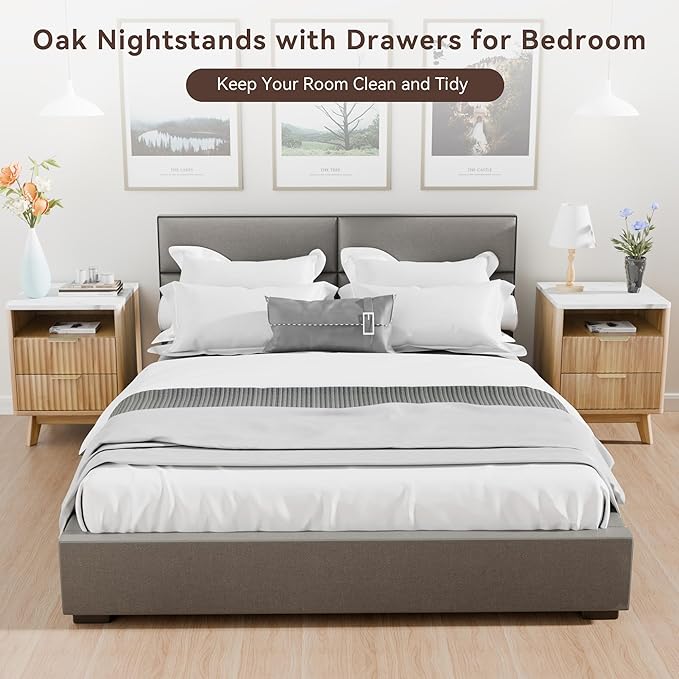 Fluted Nightstand with 2 Drawers, 18" Modern Bed Night Stand with Faux Marble Top, Open Storage Shelf, Curved Edge Bedside Table for Bedroom, Living Room End Side Table, Natural Oak