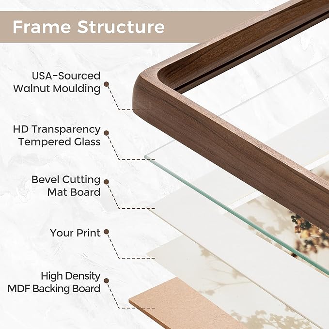 11x14 Picture Frame Set of 2, USA-Sourced Walnut Wood Photo Frame with Tempered Glass, Handcrafted Rounded Corner 11 x 14 Wooden Frame Matted to 8x10 Photos, Wall or Tabletop Display