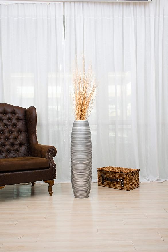 Leewadee Large Silver Home Decor Floor Vase – Wooden 34 inches Tall Farmhouse Decor Flower Holder for Fake Plant and Pampas Grass