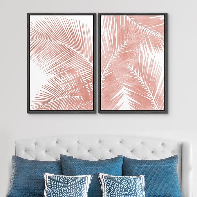 SIGNWIN Framed Canvas Print Wall Art Set Tropical Red Pastel Palm Leaf Plants Nature Wilderness Illustrations Modern Art Decorative Rustic Chic for Living Room, Bedroom, Office - 24"x36"x2 Black