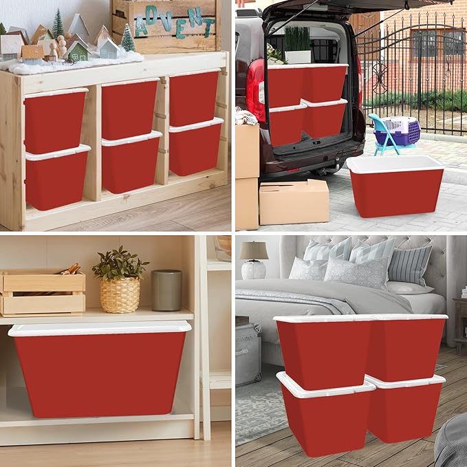Storage Totes with Lids - Made in USA 14.5-Gallon (58-Quart) 4-Pack storage bins with lids plastic storage containers large storage boxes for Organizer White/Red