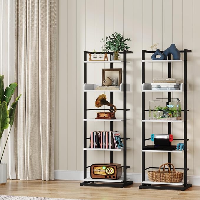 Hosfais Book Shelf Tall Bookshelf: 5 Tier Wood Bookcase with Metal Edge Protection Industrial Narrow Bookshelf Corner Storage Organizer Display Book Rack for Living Room Bedroom Office (Black White)