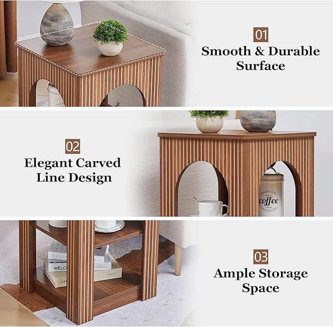 End Table with 3-Tier Storage, Mid-Century Modern Side Table with Arched Carving Lines, Square Fluted Nightstand Accent Table for Living Room, Bedroom, or Office (1, Walnut)