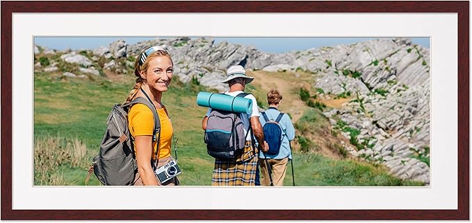 13.5x40 Frame with Mat - Brown 16x43 Frame Wood Made to Display Print or Poster Measuring 13.5 x 40 Inches with White Photo Mat