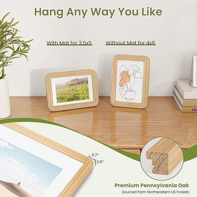 4x6 Round Corner Picture Frame, Solid Oak Wood Photo Frame With Mat For 3.5x5, Shatterproof Plexiglass Includes Hanging Hardware For Wall Hanging Or Tabletop Display Frame, Natural Oak, 3 Pack