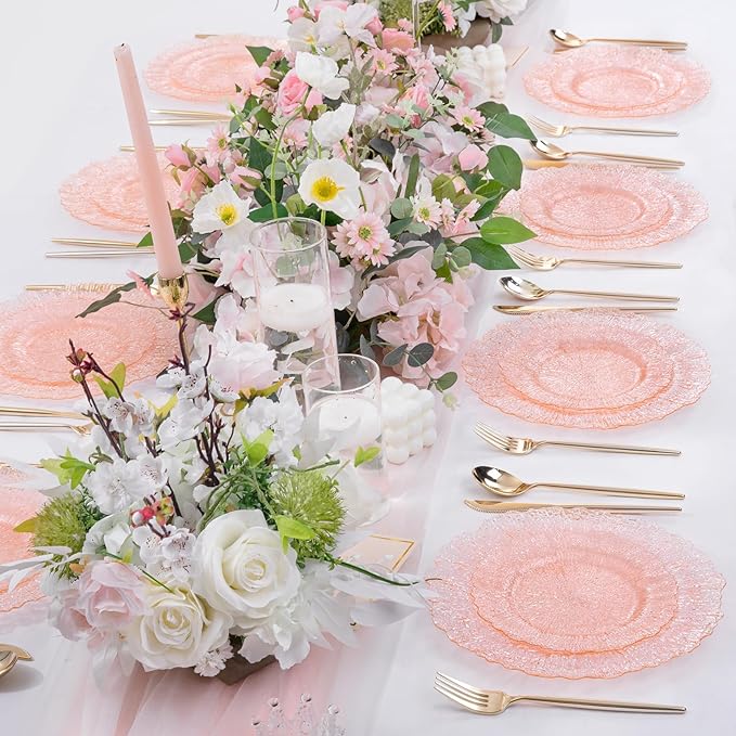 U-QE 60PCS Pink Plates for Party - Pink Plastic Plates Disposable&Reusable - Clear Pink Heavy Duty Plastic Plates for Party Including 30 Plastic Dinner Plates 10" & 30 Plastic Dessert Plates 7"