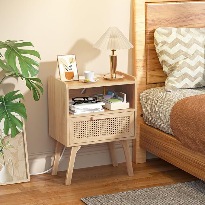 Lerliuo Rattan Nightstand with Charging Station, Boho Night Stand with Handmade Natural Rattan Drawer and Open Shelf, Cane Accent Side End Tables with Solid Wood Legs for Bedroom, Dorm, Small Spaces