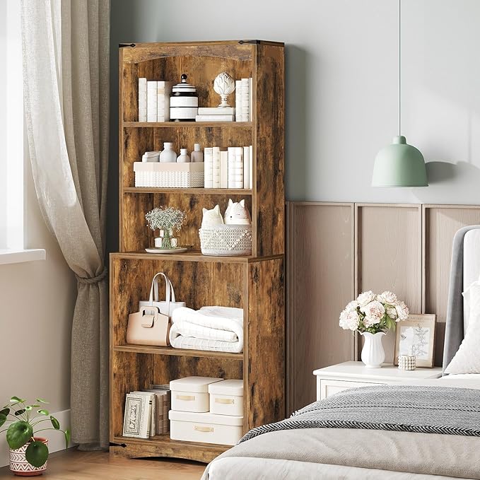 Tall Bookcase and Bookshelf, 6-Tier Bookcase with Storage, 63" Wooden Bookshelf, Farmhouse Freestanding Display Storage Shelves for Home Office, Living Room, Rustic Brown SJ09BR