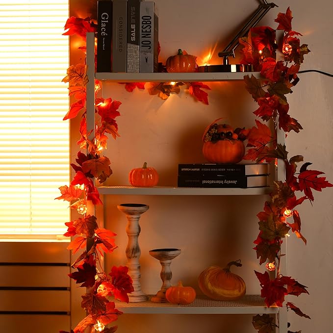VIHOSE 2 Pack Thanksgiving Maple Leaves Garland Fall Decor 11.5 ft 40 LED with Pumpkin Lights Battery Operated and Timer Remote for Home Thanksgiving Halloween Decor(Colorful)