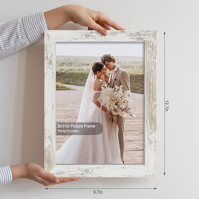 8x11 Picture Frame Set of 2, Made of Real Glass and Distressed White Wooden Frame - 8 by 11 Photo for Wall or Tabletop Display