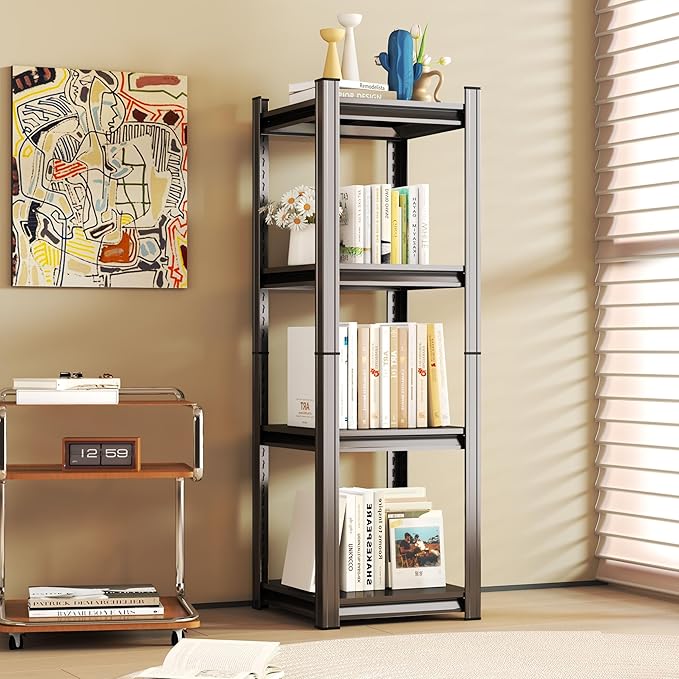 Tall Bookshelf with Open Shelves, Metal Office Book Shelf, Adjustable Organizer Bookcase, Standing Storage Organizer Shelf for Living Room (16" W*16" D*54" H)
