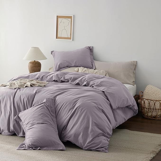 Bedsure 100% Washed Cotton Duvet Cover King Size - Lavender Minimalist Cotton Duvet Cover Linen Like for All Seasons - GentleSoft™ Plain Simple Bedding, 3 Pieces (Lavender, King, 104"x90")