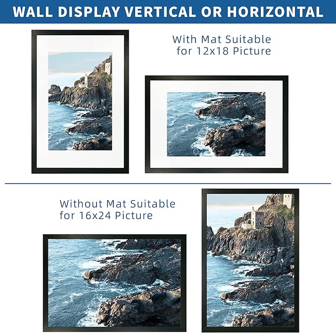 16x24 Frame Set of 2, Rustic Black Wood Style - Display 16 x 24 Picture without Mat or 12x18 Picture with Mat, Wall Mounting Horizontal and Vertical