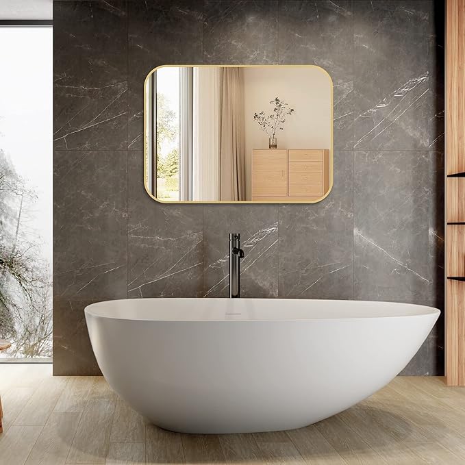 24x36 Inch Gold Bathroom Mirror, Brushed Brass Gold Metal Framed Rectangular Mirror with Rounded Corner, Wall Mounted Vanity Mirror for Bedroom or Living Room, Horizontal/Vertical