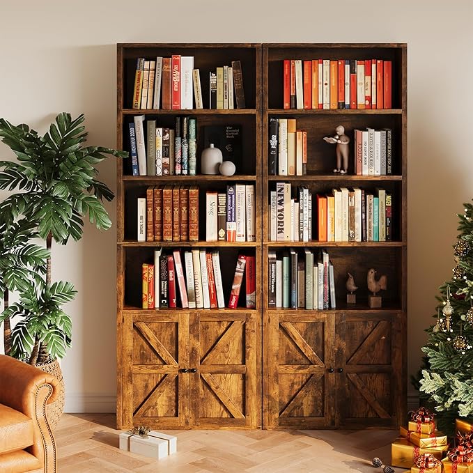 Tall Bookshelf, 6 Tier Floor Standing Bookcase with Two Hinged Doors, Storage Organizer Display Shelves, Modern Corner Bookshelf Storage Cabinet for Living Room, Office, Brown