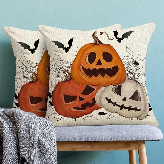 Halloween Pillow Covers 18x18 Set of 2 Black Spider Web Bat Orange Pumpkin Decorative Throw Pillow Covers Outdoor Decor Autumn Halloween Pillowcase Farmhouse Linen Cushion Case for Sofa Couch