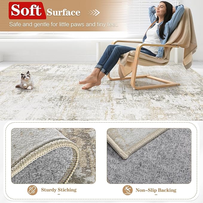 9x12 Area Rugs for Living Room: Washable Modern Abstract Rug Large Soft Non Slip Living Room Rug Indoor Low Pile Carpet for Bedroom Dining Room Home - Beige Grey Brown