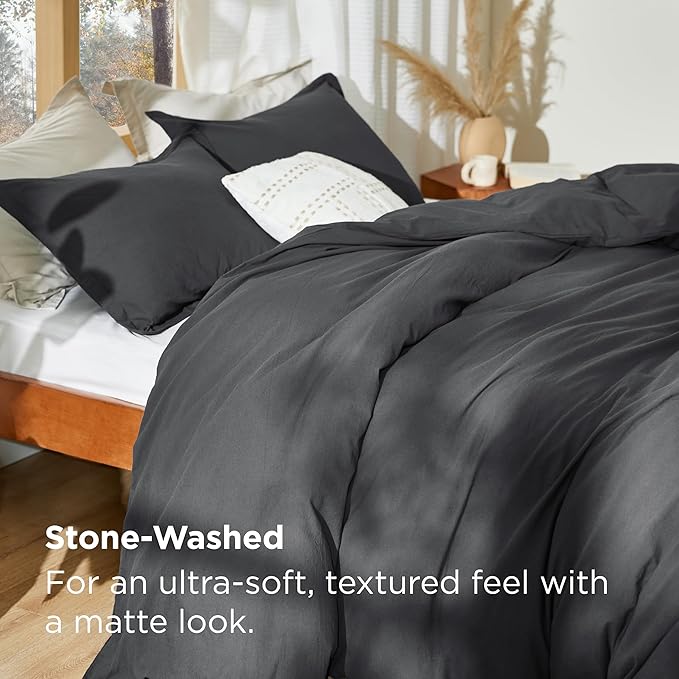 Bedsure 100% Stone Washed Cotton Duvet Cover King - Charcoal Minimalist Cotton Duvet Cover Linen Like for All Seasons - GentleSoft™ Plain Simple Bedding, 3 Pieces (Charcoal, King, 104"x90")