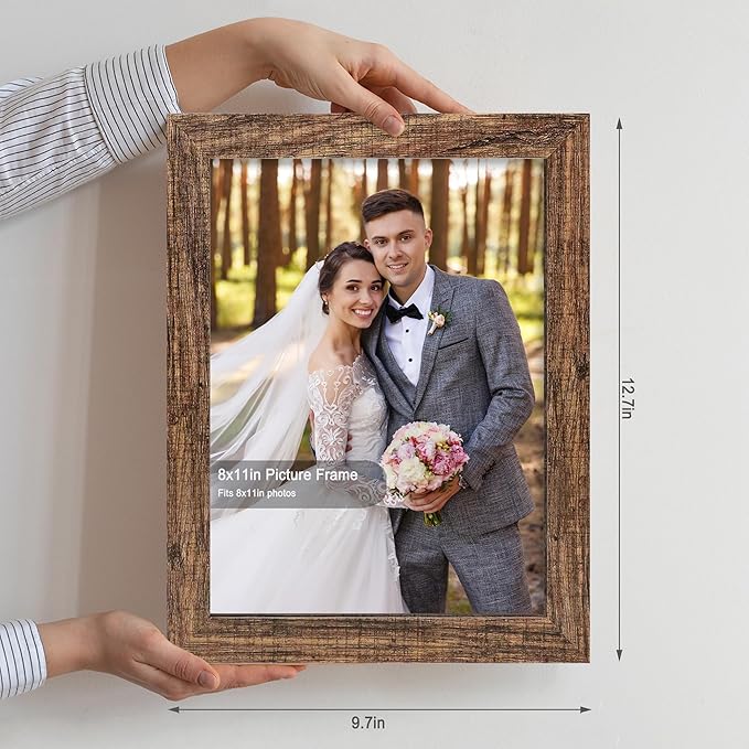 8x11 Picture Frame Set of 2, Made of Real Glass and Rustic Brown Wooden Frame - 8 by 11 Photo for Wall or Tabletop Display