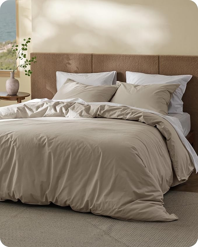 Bedsure Cotton Duvet Cover King - Luxury Slub Weave 100% Cotton Duvet Cover Set with a Linen Like Textured, Easy Change Durable Bedding Set 3 Pieces, Tannish Linen Grey, 104" x 90"