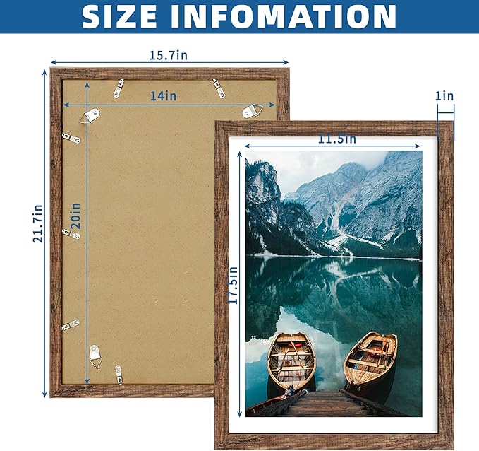14x20 Picture Frame Set of 2, Rustic Brown Wood Style - Display 14 x 20 Picture without Mat or 12x18 Picture with Mat, Wall Mounting Horizontal and Vertical