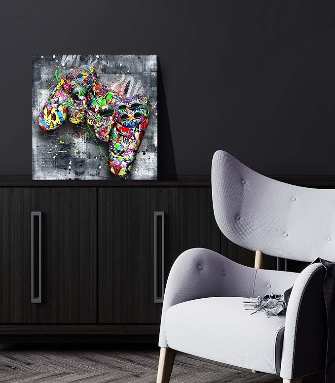 JKWALL77 Graffiti Gaming Wall-Art For Living Room Large Size - Room Decor For Teen Boys - Abstract Canvas Wall Art Ready To Hang Size 30" x 30"