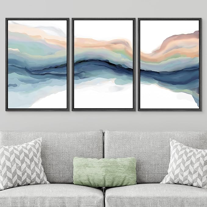 SIGNWIN Framed Canvas Print Wall Art Set Pastel Watercolor Teal Brown Paint Stroke Landscape Abstract Shapes Illustrations Modern Art Decorative for Living Room, Bedroom, Office - 16"x24"x3 Black