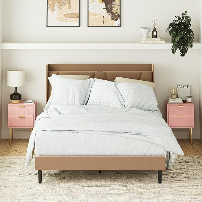 Nightstand,Morden Bedside Table with Gold Frame,Small White Night Stand,End Table,Bedside Furniture,Side Table with Drawer and Shelf for Bedroom,Living Room (2Drawers, Pink)