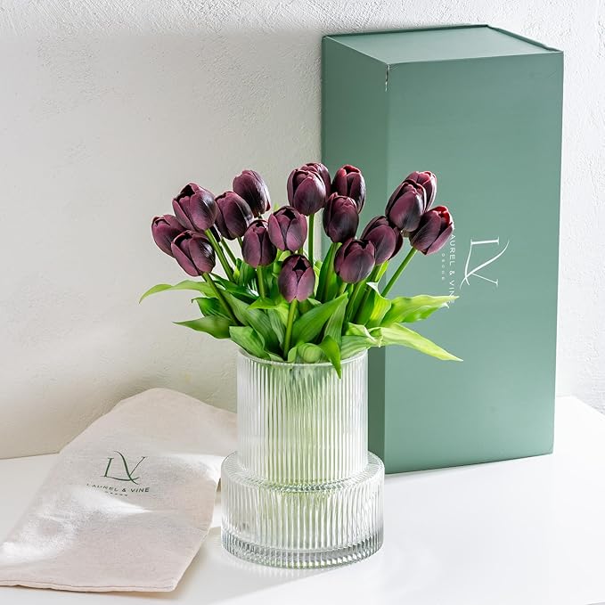 Purple Tulips with Vase Ribbed Glass Vase with 20 Realistic Artificial Flowers Gift Set. Fluted Clear Flower Vase and Fake Tulips Entryway Living Room Table Office Shelf Decor Faux Spring Decor