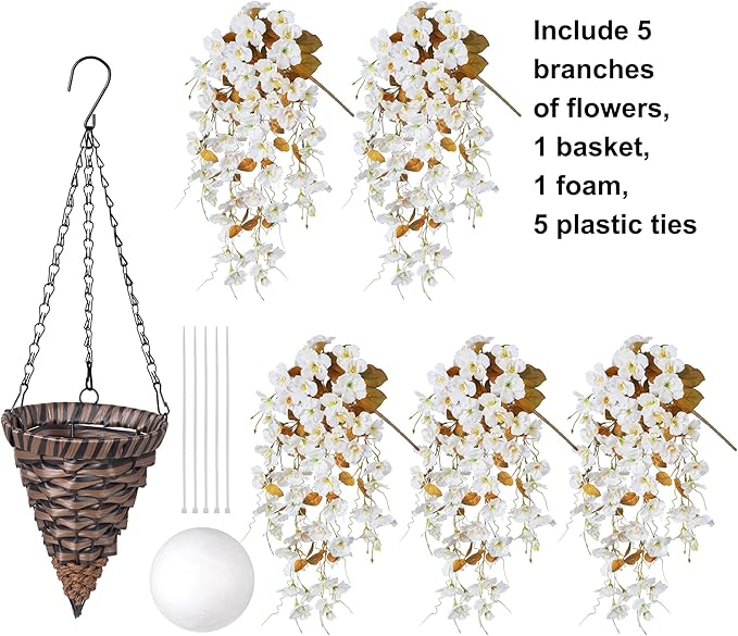 Artificial Fake Fall Hanging Flowers Plants Baskets for Outdoor Decoration, 5Pcs Faux Silk Hibiscus Long Vines in Planter UV Resistant Realistic Flower for Outside Home Porch Patio Garden, Fall White