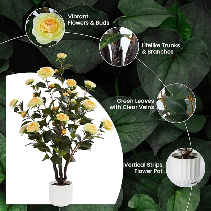 3.2FT Artificial Camellia Tree, Yellow Silk Flowers, Indoor Faux Plants with Realistic Trunk in White Cement Pot for Home House Living Room Bedroom Office Decor, 1pc