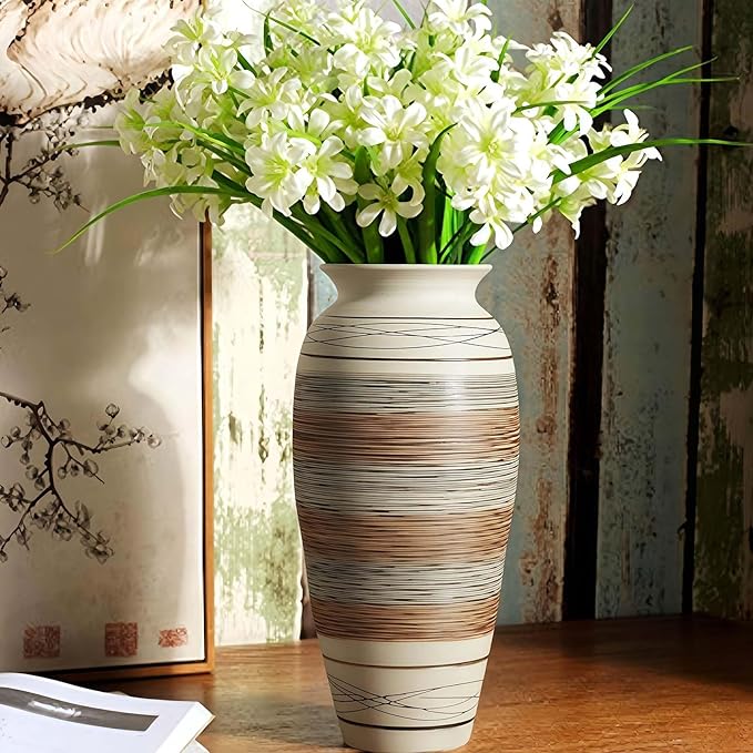Ceramic Rustic Farmhouse Vase, 12.6” Large Vintage Flower vase for Home Decor, Tall Boho Textured Vases for Living Room, Table, Mantel, Shelf and Centerpieces Decor and Housewarming (B)