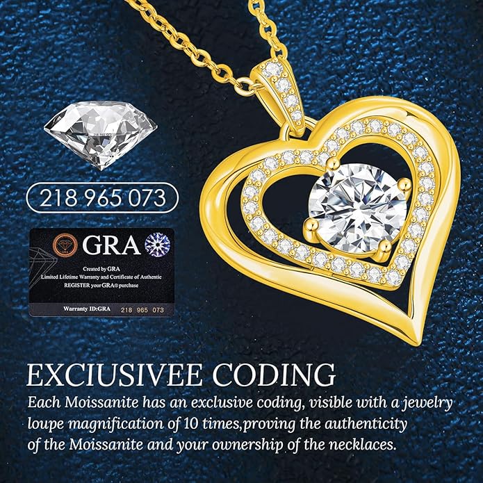 Moissanite Heart Pendant Necklaces for Women, 925 Sterling Silver Gold Plating Lab-Created Gem Necklace Engraved with 'I LOVE YOU', Ideal Anniversary Birthday Christmas Valentine Engagements Mothers Day Jewelry Gifts for Mom Wife Girlfriend Daughter Her