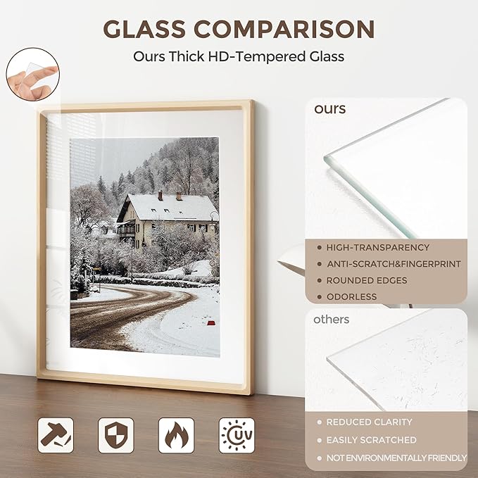 11x14 Picture Frame Set of 2, USA-Sourced Maple Wood Photo Frame with Tempered Glass, Handcrafted Rounded Corner 11 x 14 Wooden Frame Matted to 8x10 Photos
