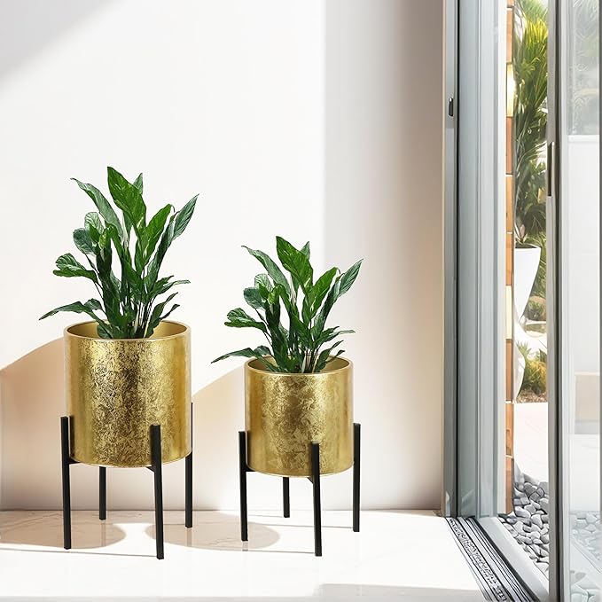 ARNIS Modern Plant Pots, Set of 2 Large Planters with Stand, Decorative Planters, Metal Pots with Drainage Holes for Living Room, Office, Garden or Balcony, 10.5 &12.55 Inch, Gold