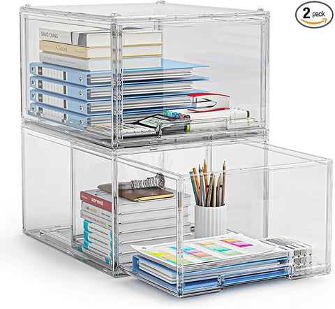 2 Packs Plastic Stackable Storage Drawers, Clear Desktop Drawer Organizers, 2 Drawer Storage Organizer, Make up Organizer with Drawers, Arcylic Drawers Organizer for Office Supplies, School, Home