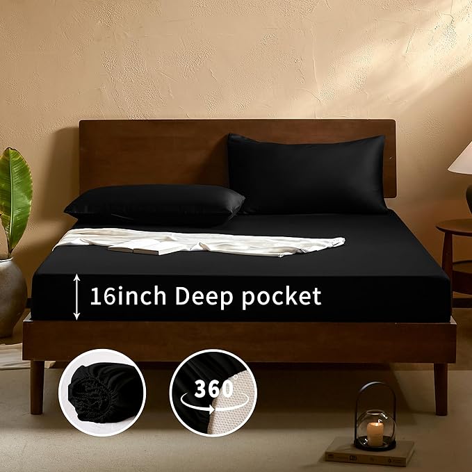 EVERLY King Sheets Set,Luxuriously 400 Thread Count Organic Viscose Derived from Bamboo Bed Sheet,Cooling Sheets for King Size 4 Piece Deep Pockets Bedding Sheets &Pillowcases-Black
