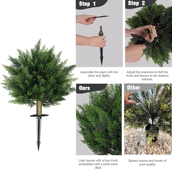 19.69 Inch 2 Set Artificial Cypress Topiary Tree, Outdoor Indoor Faux Boxwood Bush Plants, Fake Cedar Potted with Ground Spike for Home Front Porch Decor Outside Garden