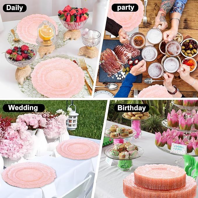 U-QE 60PCS Pink Plates for Party - Pink Plastic Plates Disposable&Reusable - Clear Pink Heavy Duty Plastic Plates for Party Including 30 Plastic Dinner Plates 10" & 30 Plastic Dessert Plates 7"
