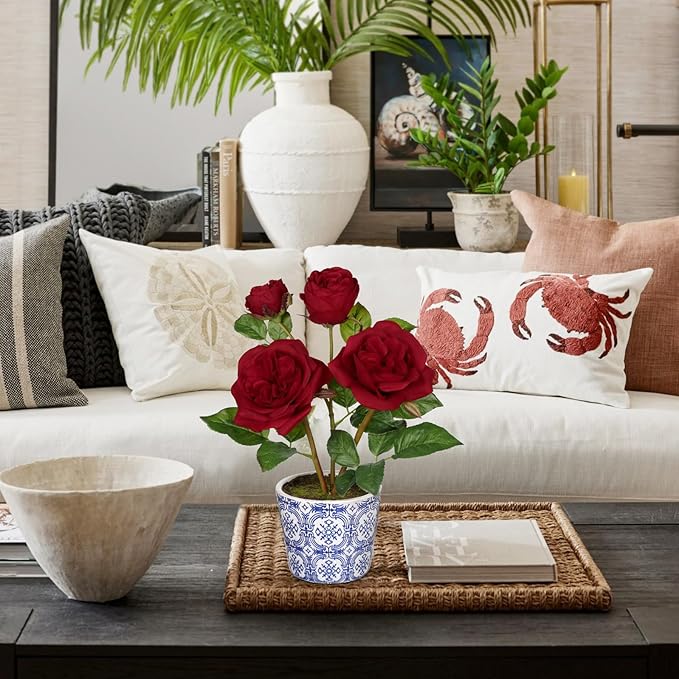 Hollyone Red Roses Artificial Flowers in Blue and White Porcelain Vase 13.4" Fake Roses Flower Arrangement Artificial Plants & Flowers Potted Plant Faux Silk Rose Flower with Ceramic Pot Home Decor