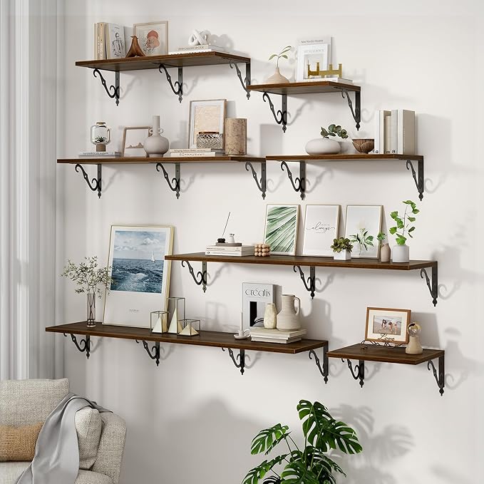 40 Inch Floating Shelves Wall Mounted, 12 Inch Deep Wall Shelves with Bracket, Rustic Hanging Bookshelf, 40" Bookshelves for for Living Room, Kitchen and Bedroom, Walnut, Set of 2