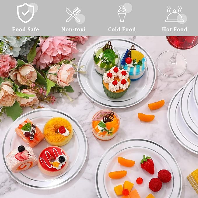 200 Pieces Disposable Plates Plastic Party Plates with Rim Hard Plastic Appetizer Salad Dessert 7.5 Inch Elegant Heavy Duty Tableware for Dinner Wedding Party Supplies(Silver Rim)