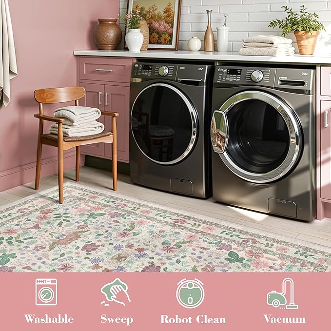 Deerly Floral Rug 5x8 Vintage Boho Washable Non-Slip Living Room Carpet Soft Low Pile Thin Bedroom Floor Mat Indoor Home Decor for Dining Room Playroom Nursery Farmhouse, Beige/Light Pink/Multi