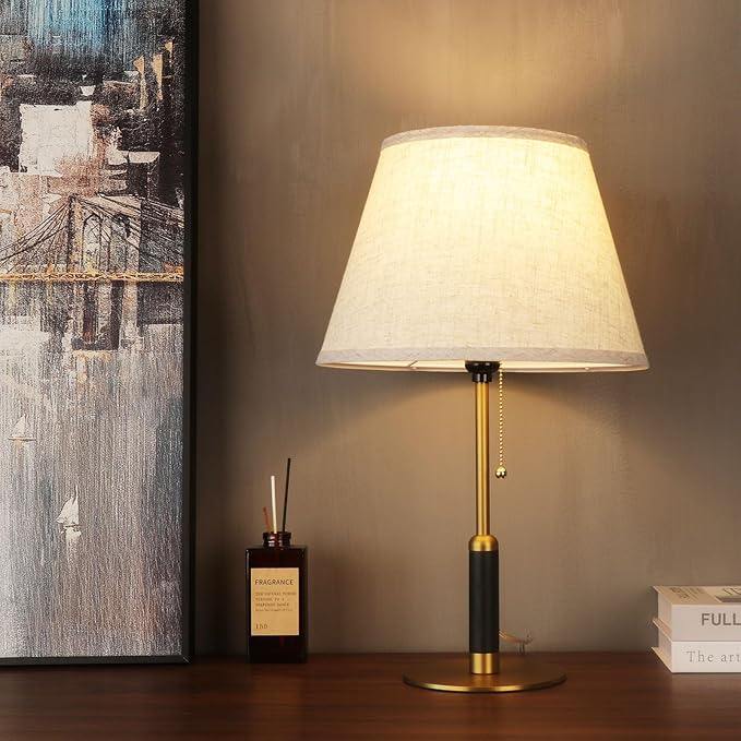 21" Bedside Lamps for Bedroom Living Room Modern Table Lamp Nightstand Lamp for End Tables 3-Color Temperatures Pull Chain Switch Wood Fabric for Home/Office/Desk Decor (Light Brown+Brass)