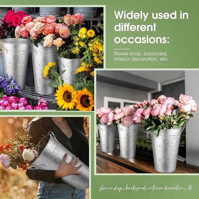 Irenare 12 Inch Vintage Galvanized Flower Bucket Metal Flower Vase Farmhouse French Bucket Planter Metal Floral Container for Party Table Centerpiece Weddings Home(Silver,6 Pcs)