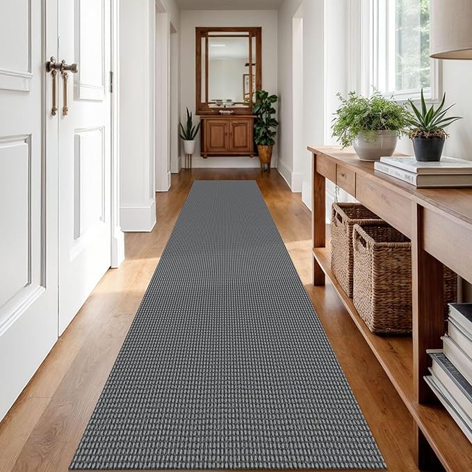 IOHOUZE Washable Runner Rug 2x12 Non Slip Rubber Backed Extra Long Hallway Runner Entryway Runner Indoor, Kitchen Rugs Woven Cotton Floor Carpet for Hall Entrance Stair, Dark Grey