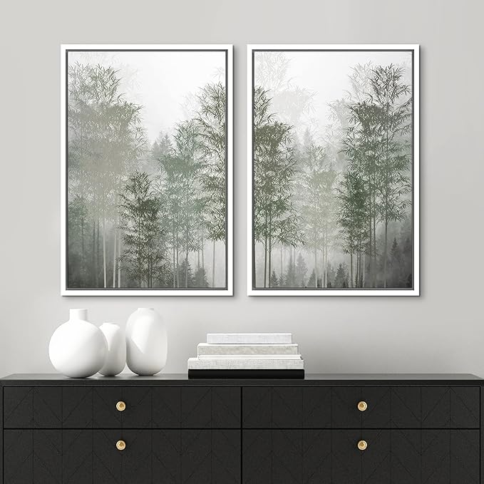 MUDECOR Framed Canvas Print Wall Art Pastel Watercolor Misty Fog Forest Tree Wilderness Nature Illustrations Modern Art Decorative Calm/Relax Multicolor Rustic Minimal for Bedroom - 16"x24"x2 White