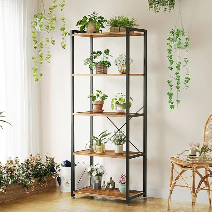 Casaottima Book Shelf, 5 Tier Bookshelf, Modern Wood Bookcase Shelves for Bedroom, Industrial Display Shelf for Living Room Home Office Kitchen, Standing Shelving Unit Storage Organizer, Vintage
